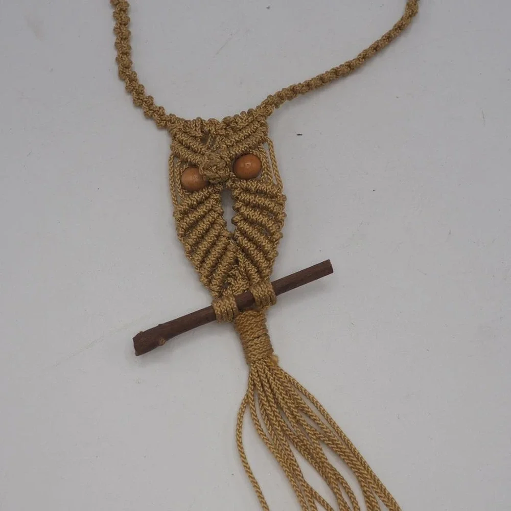 Handmade Owl Macrame Necklace Statement Pendant Boho Tan Wood Bead Tassel Fringe
